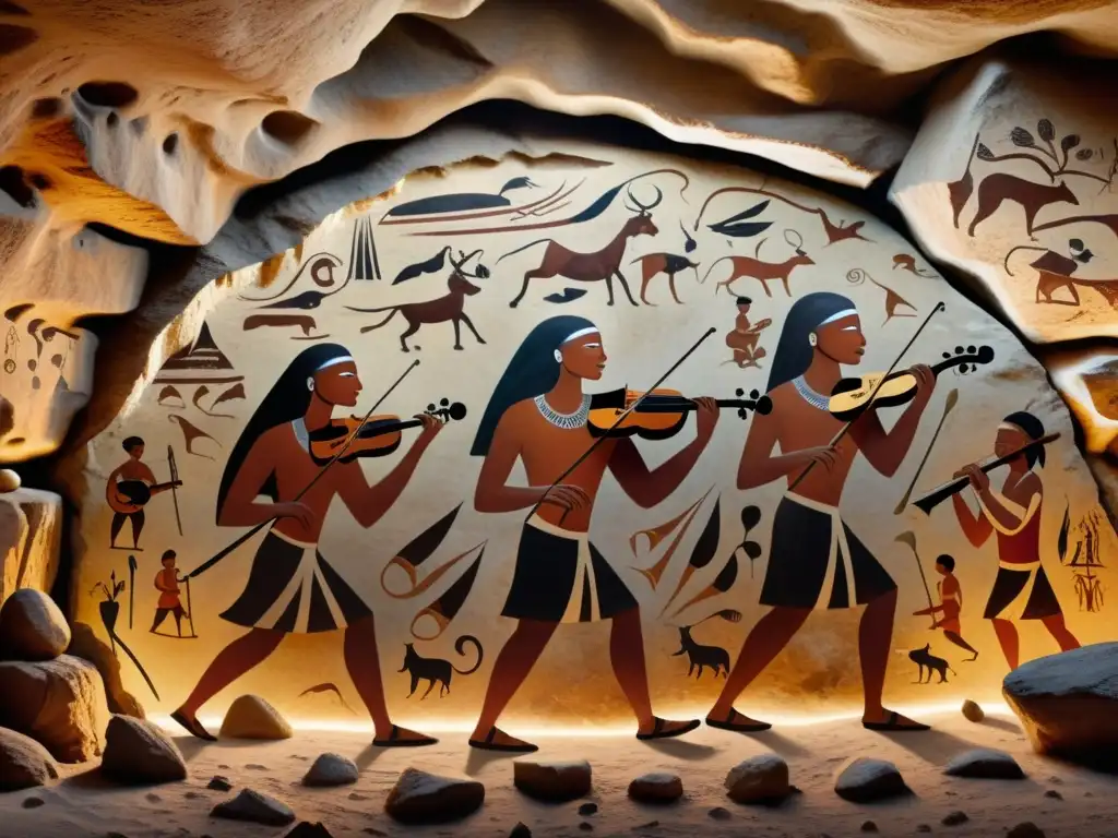 Innovación musical a través de los milenios: Pintura rupestre detallada de músicos antiguos tocando instrumentos de piedra en una cueva