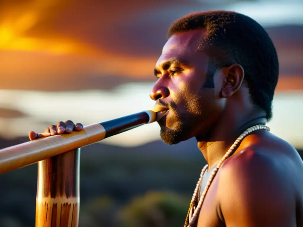 Un músico aborigen australiano toca el didgeridoo con intensidad al atardecer en el outback, evocando el origen y sonido del didgeridoo