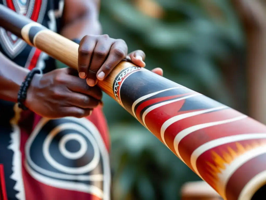 Un músico aborigen australiano toca el didgeridoo durante una ceremonia tradicional, mientras la comunidad observa con reverencia