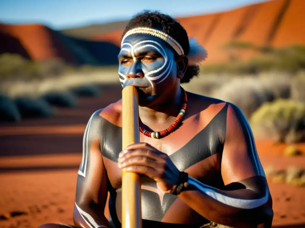 Un músico aborigen australiano toca el didgeridoo en una ceremonia tradicional, rodeado del vasto Outback