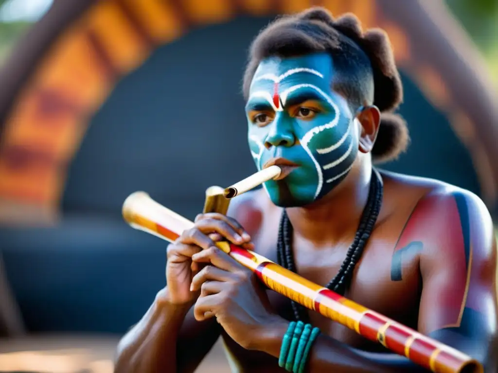 Un músico aborigen australiano toca el didgeridoo en una ceremonia tradicional, evocando el origen y uso del didgeridoo en la cultura aborigen