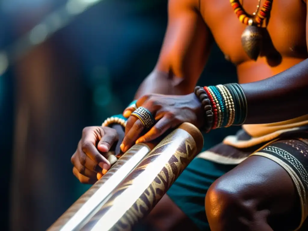 Un músico aborigen australiano toca el didgeridoo en un ambiente atmosférico, resaltando la historia del didgeridoo