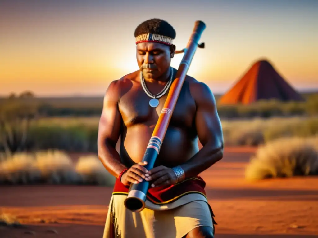 Un músico aborigen australiano toca el didgeridoo en una ceremonia tradicional al atardecer, mostrando los orígenes y práctica del didgeridoo