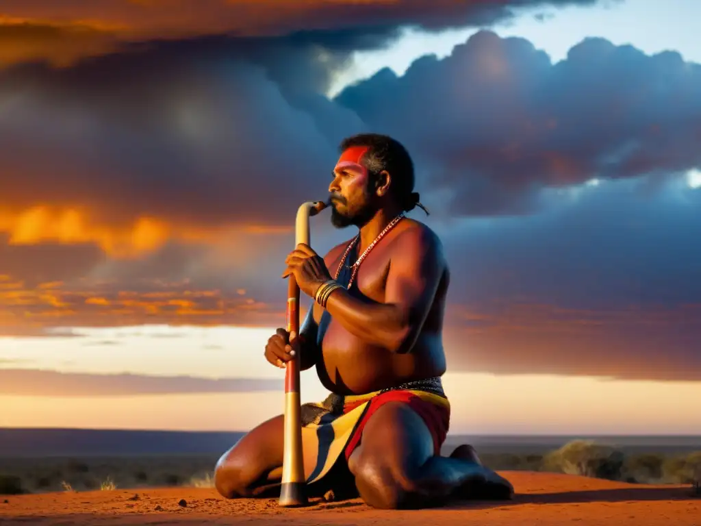 Un músico aborigen australiano toca el didgeridoo en una ceremonia tradicional al atardecer