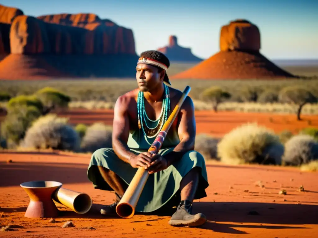 Un músico aborigen australiano toca el didgeridoo en una ceremonia tradicional en el Outback, mostrando el origen y sonido del didgeridoo