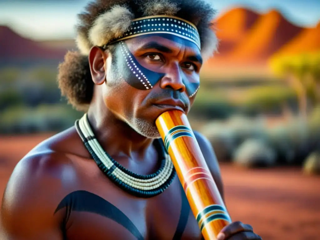 Un músico aborigen australiano toca el didgeridoo en el outback, con rostro pintado y paisaje vibrante