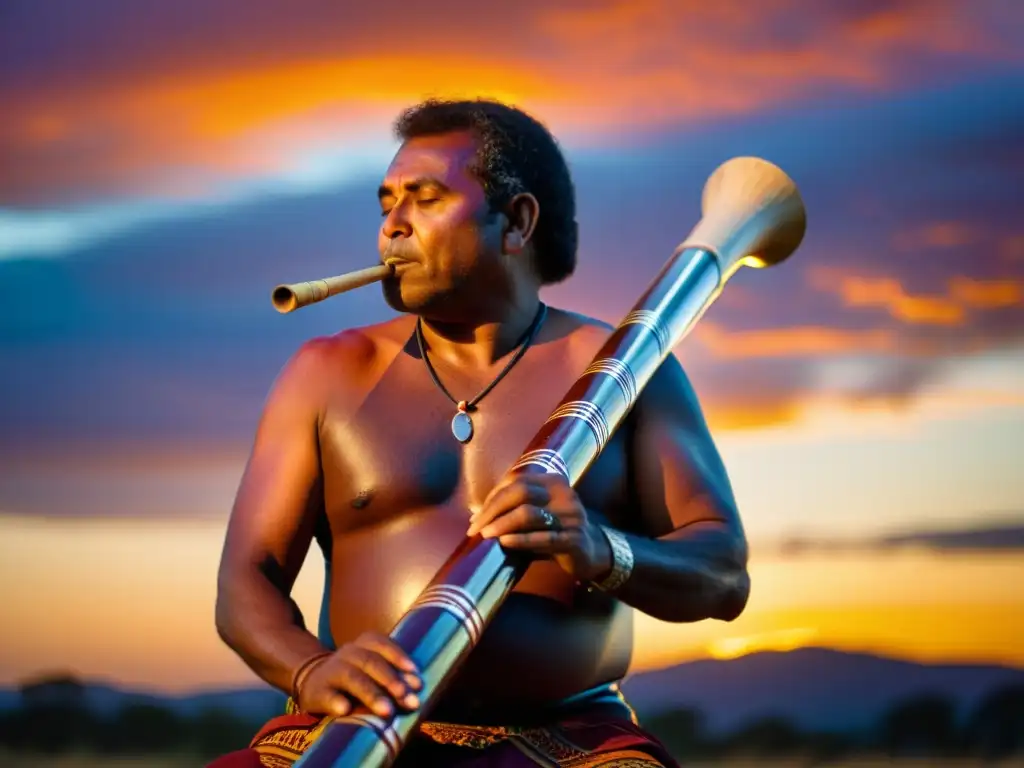 Un músico aborigen australiano toca el didgeridoo al atardecer, reflejando los colores del cielo en el instrumento