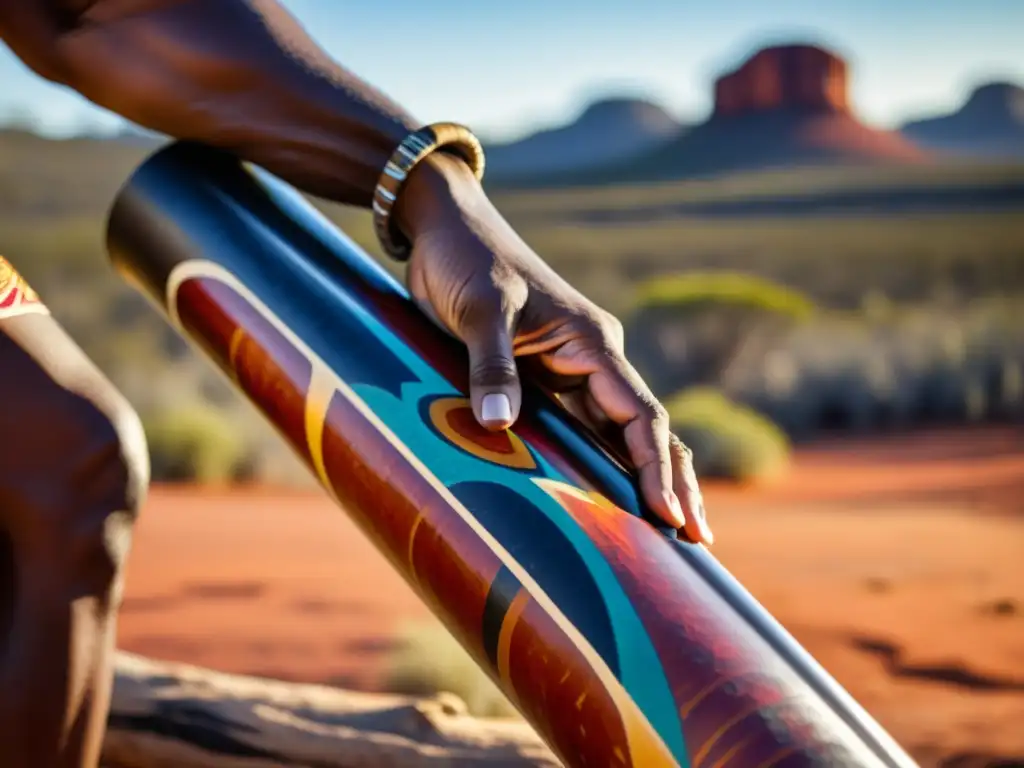 Un músico aborigen australiano toca el didgeridoo con pintura corporal tradicional, en el Outback