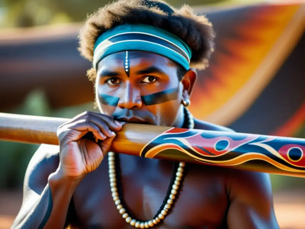 Un músico aborigen australiano toca el didgeridoo durante una ceremonia tradicional en el desierto