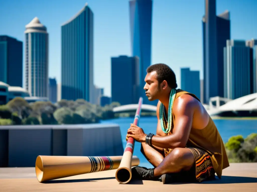 Un músico aborigen australiano toca el didgeridoo en un entorno urbano contemporáneo