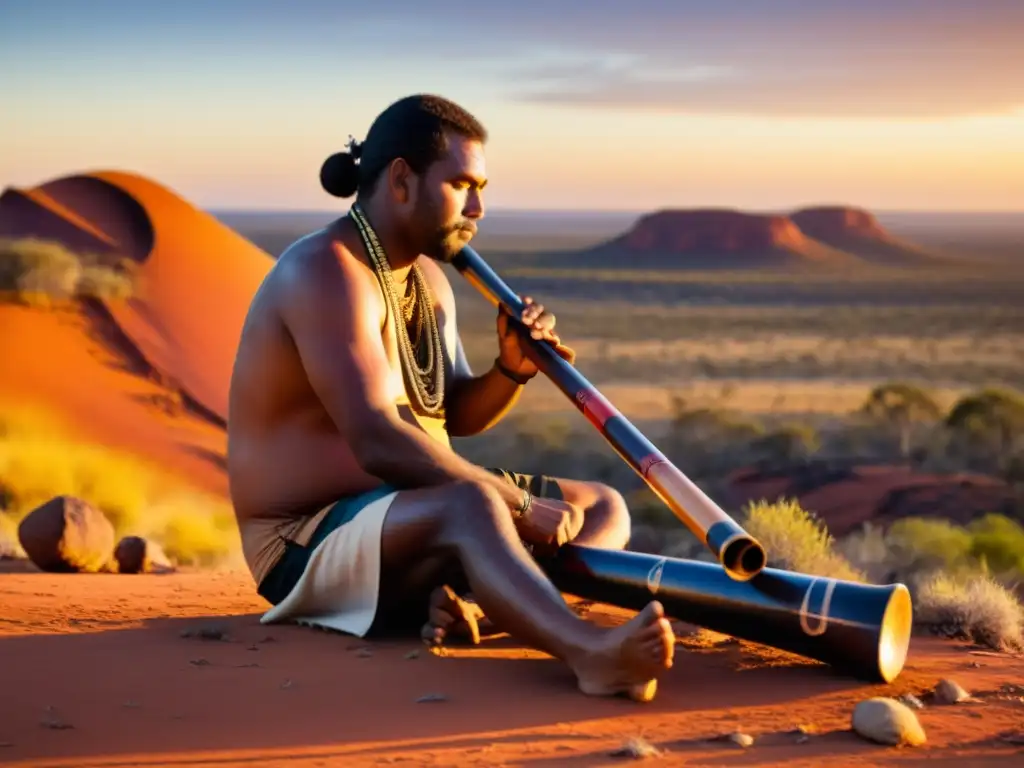 Un músico aborigen australiano toca el didgeridoo en el Outback al atardecer, conectando con el sonido ancestral del didgeridoo aborigen