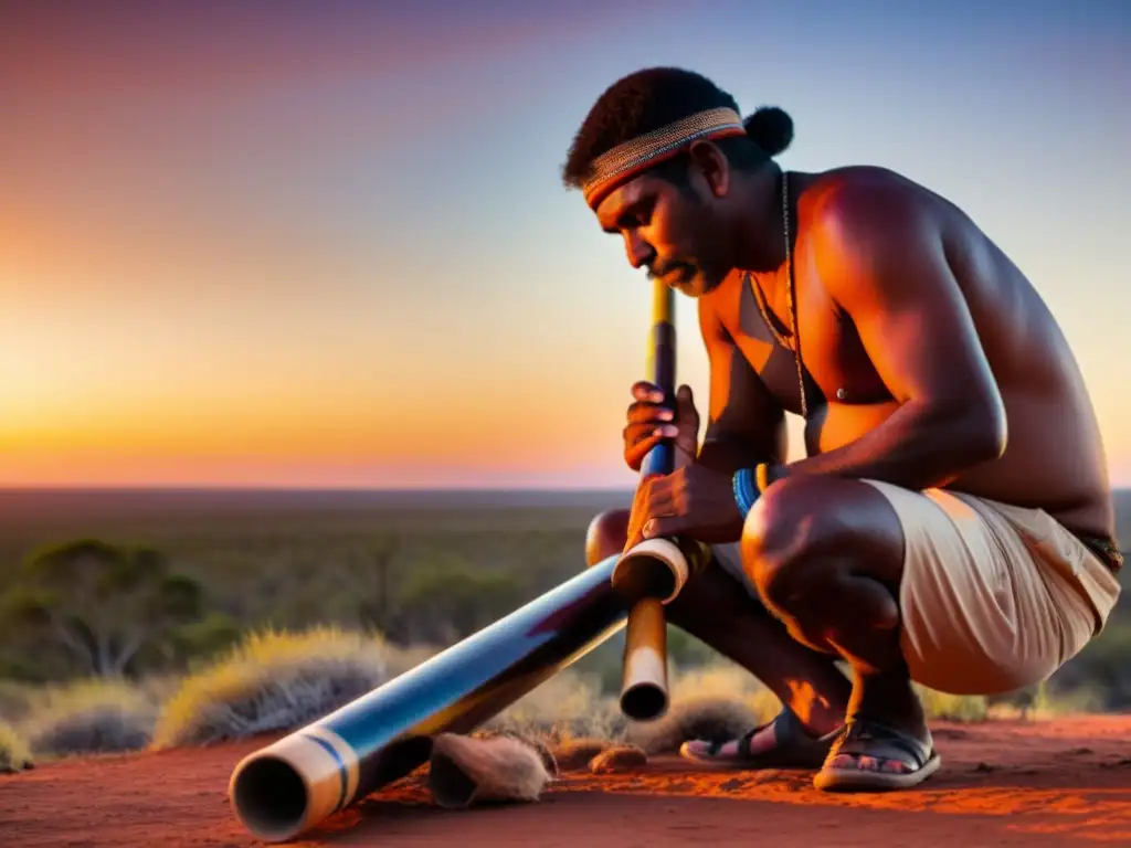 Un músico aborigen toca el didgeridoo al atardecer en el outback, revelando el origen y significado del didgeridoo en la cultura ancestral