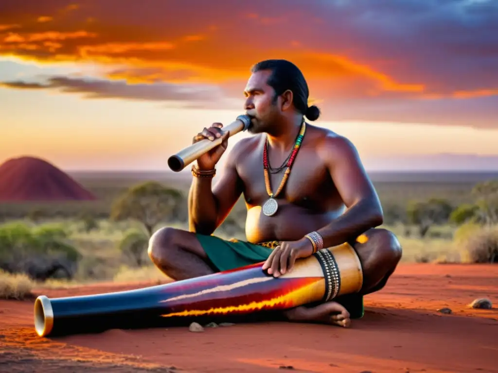 Un músico aborigen toca el didgeridoo al atardecer en el outback australiano, destacando la rica historia y sonido del didgeridoo australiano