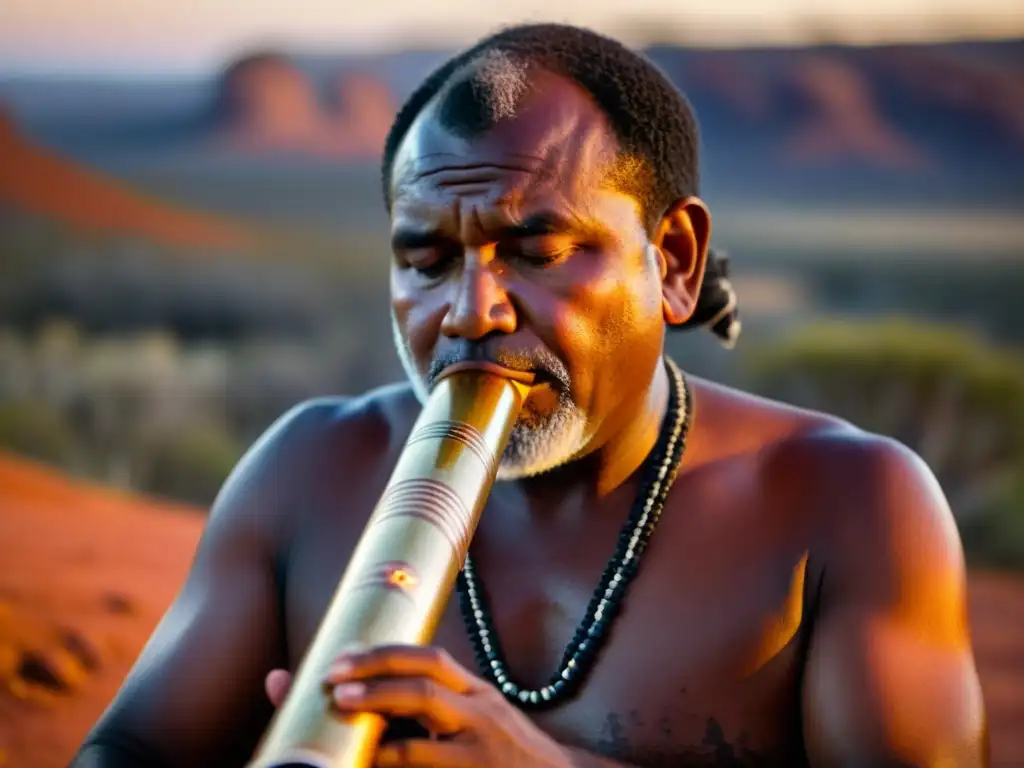 Un músico aborigen toca el didgeridoo al atardecer, con el sonido ancestral del didgeridoo aborigen y la cálida luz dorada del sol sobre el paisaje australiano