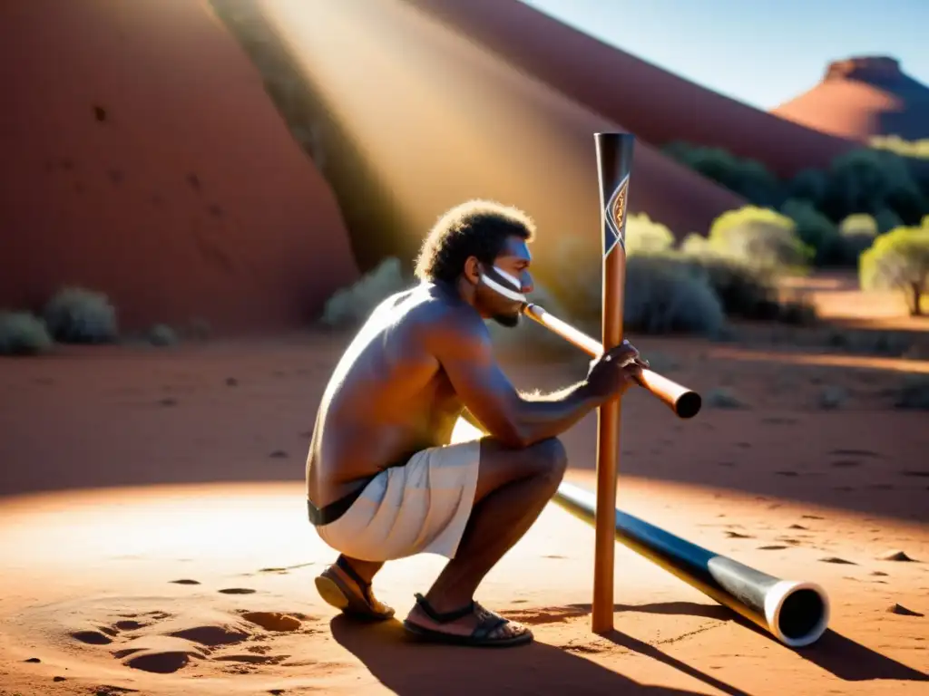 Un músico aborigen toca el didgeridoo en el outback australiano, rodeado de arte indígena vibrante y otros instrumentos tradicionales