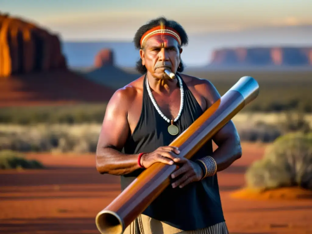 Un músico aborigen toca el didgeridoo en el outback australiano, reflejando la historia del didgeridoo aborigen con autenticidad cultural