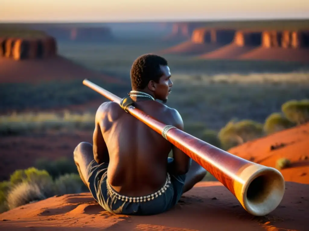 Un músico aborigen toca el didgeridoo en el Outback australiano, mostrando la técnica de respiración circular