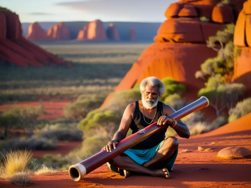 Un músico aborigen toca el didgeridoo en el Outback australiano, rodeado de exuberante vegetación y enormes formaciones rocosas rojas