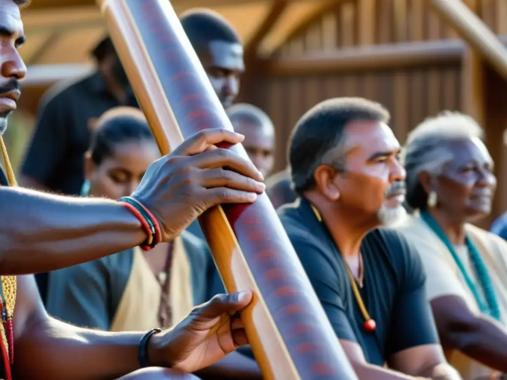 Un músico aborigen toca el didgeridoo en una ceremonia tradicional