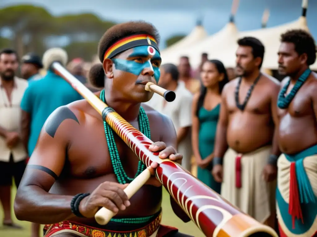 Un músico aborigen toca el didgeridoo en una ceremonia cultural, rodeado de arte vibrante y espectadores