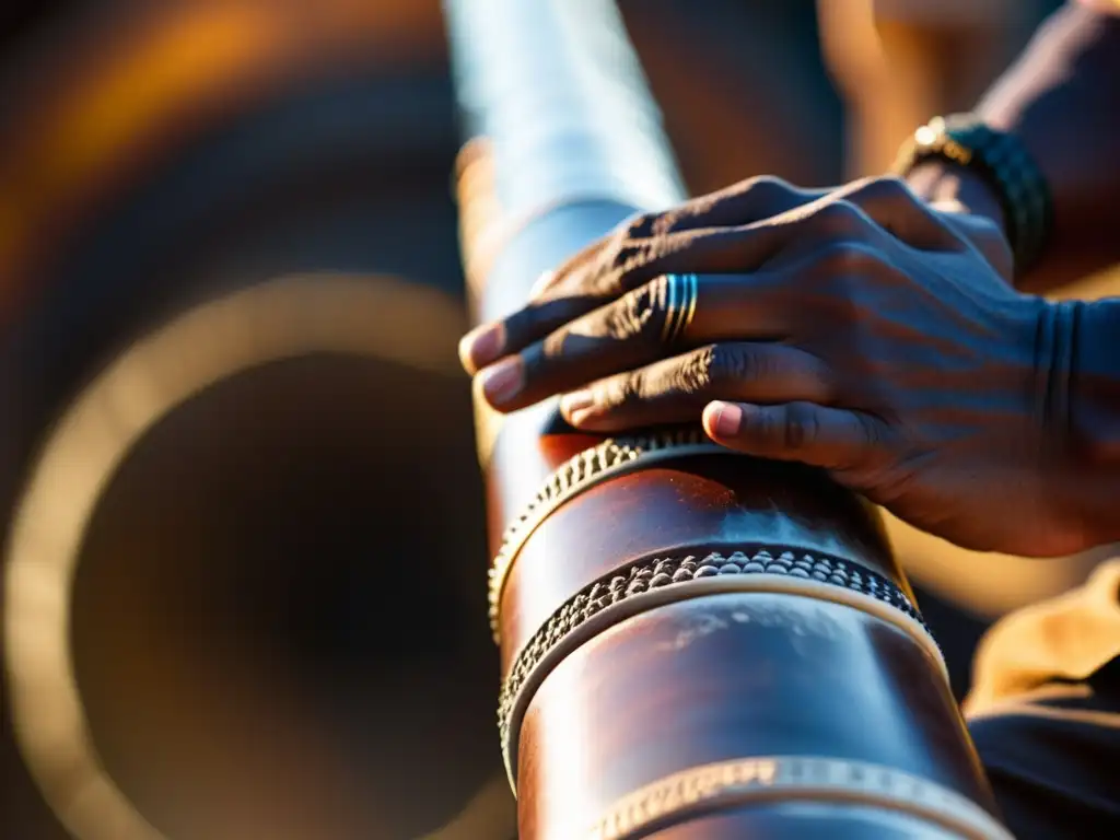 Un músico aborigen toca el didgeridoo con maestría, mostrando las técnicas de respiración circular didgeridoo en un entorno cálido y auténtico