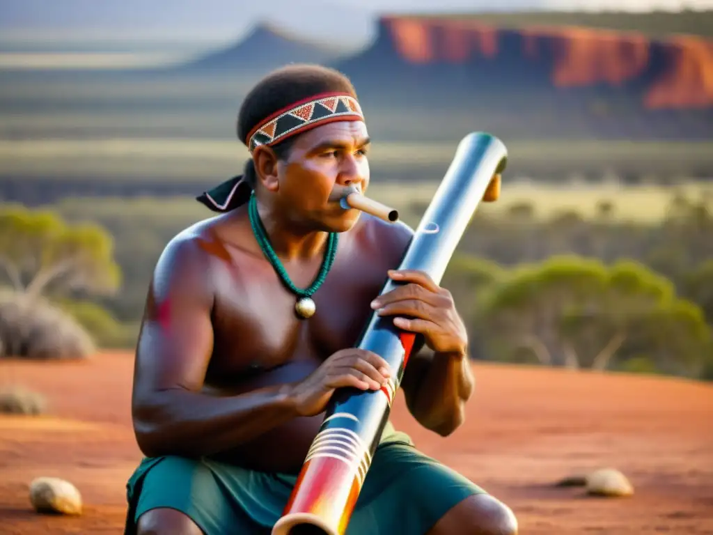 Un músico aborigen toca un didgeridoo tradicional en el outback, mostrando la conexión con la historia del didgeridoo aborigen