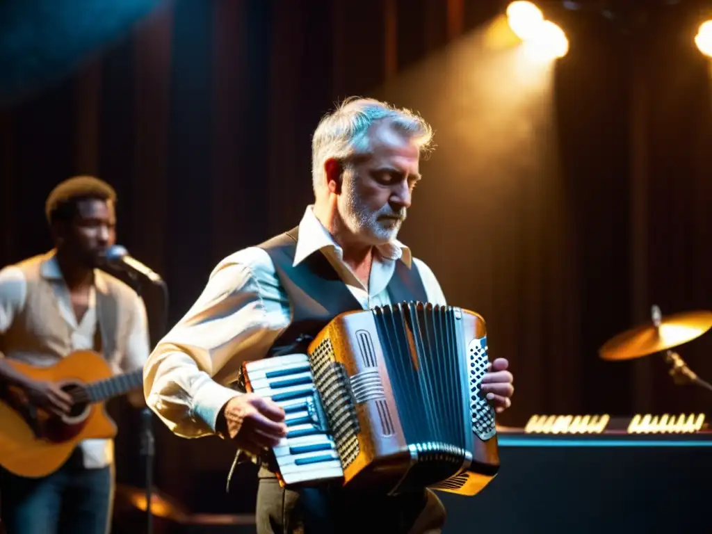 Un músico toca el acordeón en un ambiente íntimo, rodeado de colegas y seguidores, evocando la historia del acordeón en folklore