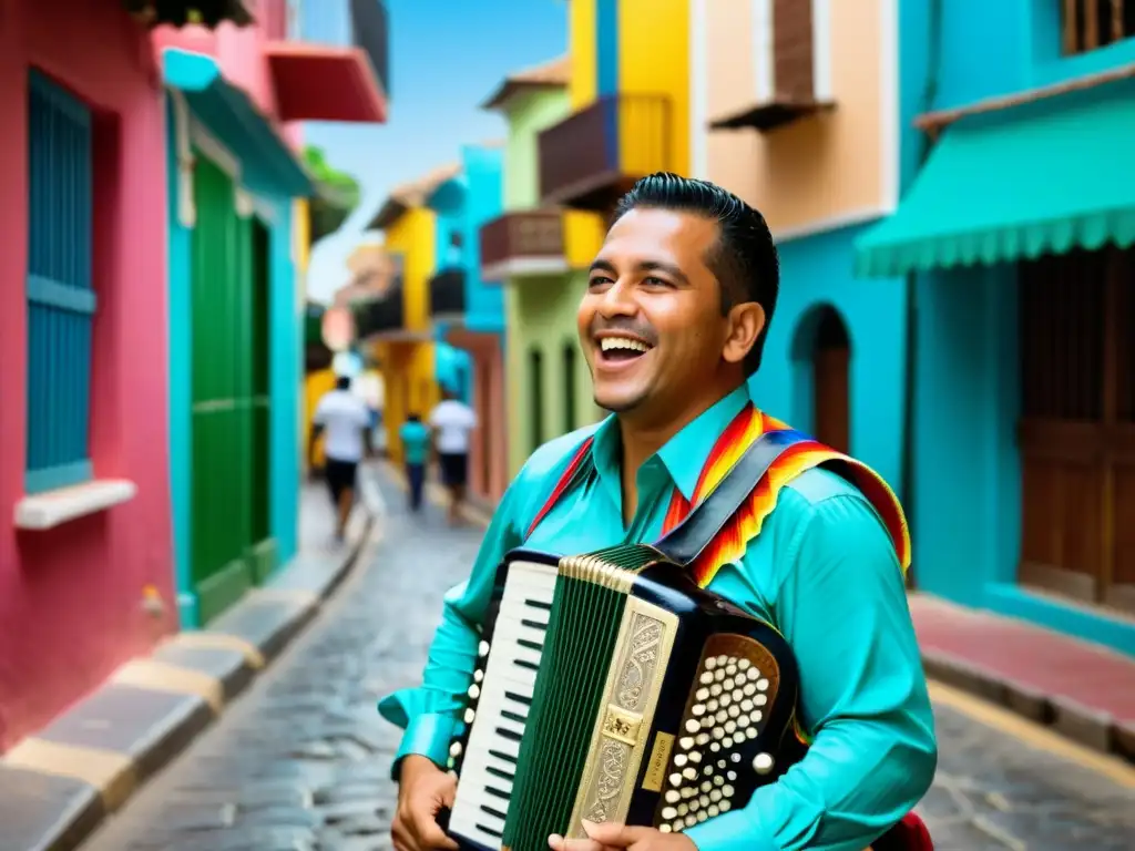 Vibrante músico vallenato tocando acordeón en Cartagena Un músico vallenato toca el acordeón en una animada calle de Cartagena, reflejando la historia y relevancia cultural del acordeón en la música colombiana