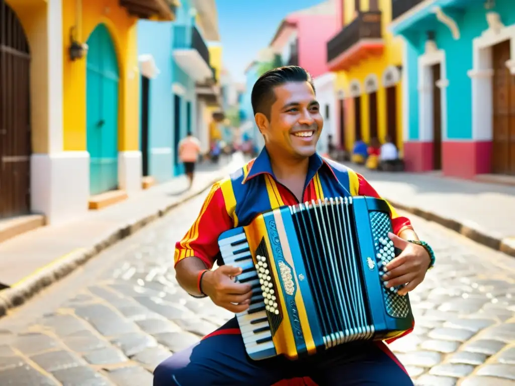 Vibrante músico vallenato tocando acordeón en Cartagena Un músico vallenato toca el acordeón en una animada calle de Cartagena, reflejando la historia y relevancia cultural del acordeón en Colombia