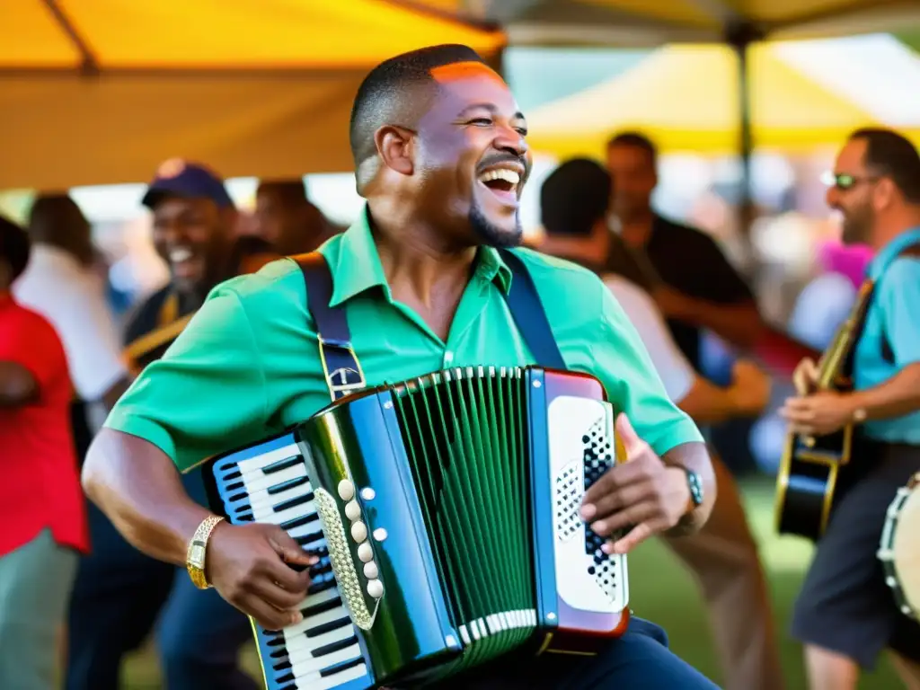 Un músico cajún toca apasionadamente el acordeón en un animado festival de música en Louisiana