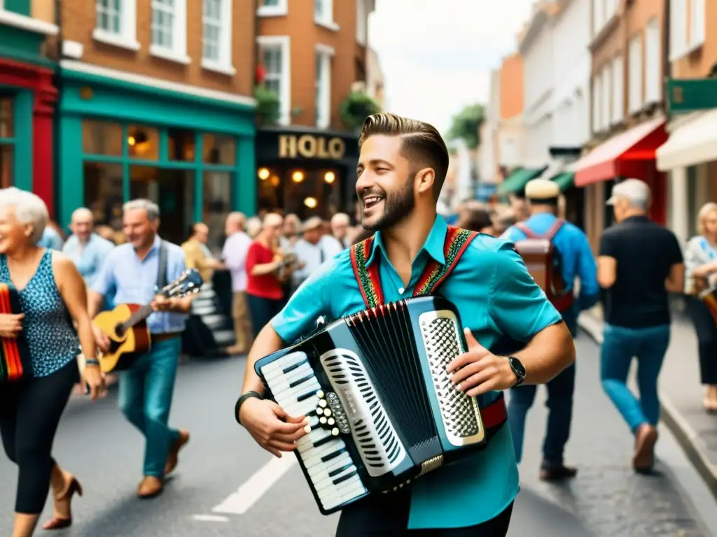 Un músico tocando un acordeón en una calle vibrante, rodeado de oyentes diversos, capturando la influencia sonora del acordeón en la música pop