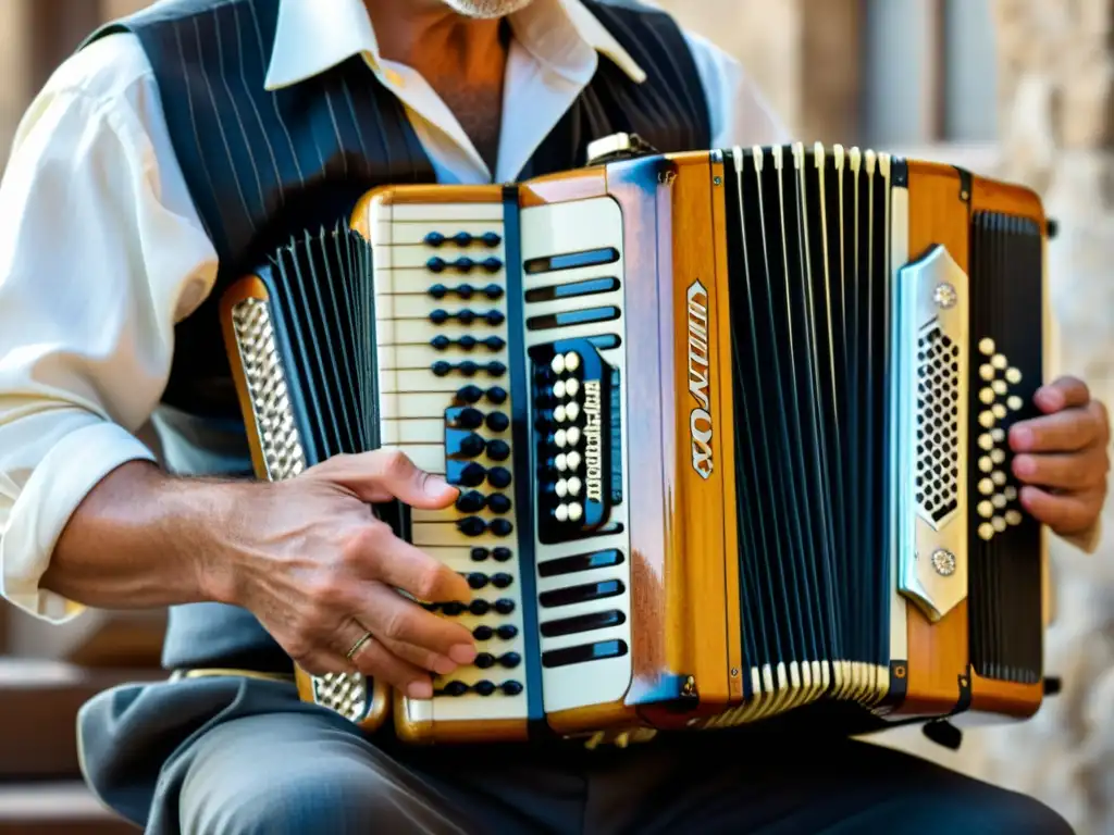 Un músico balcánico toca el acordeón con destreza, transmitiendo el sonido característico del acordeón balcánico