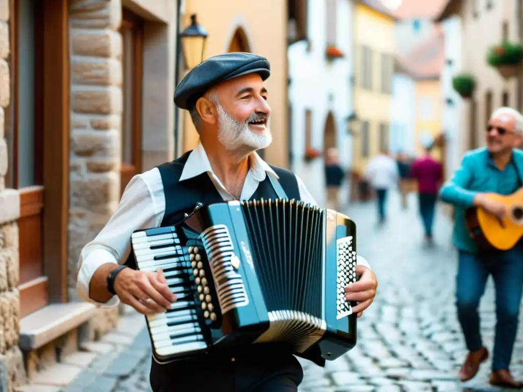 Un músico hábil toca un acordeón diatónico en una bulliciosa calle empedrada de un pueblo europeo, evocando la música folk europea