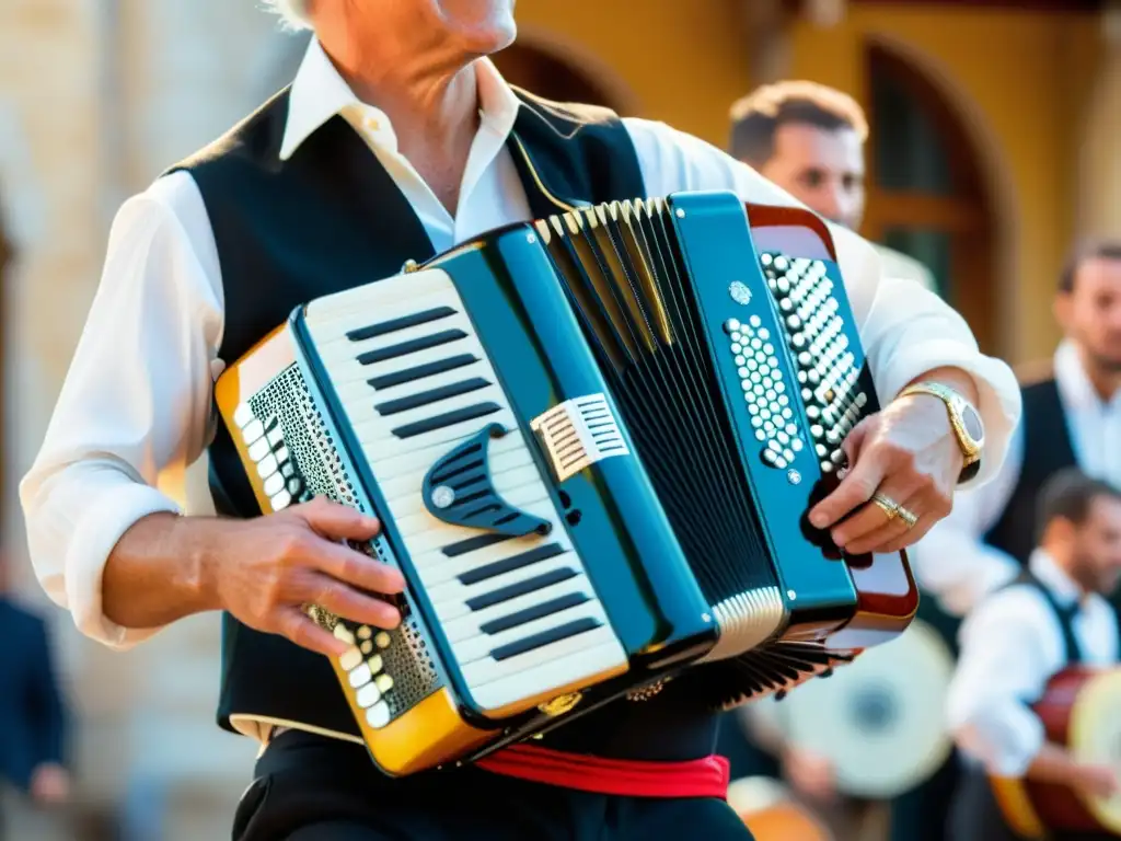 Un músico hábil toca el acordeón diatónico entre elementos folclóricos en un entorno francés