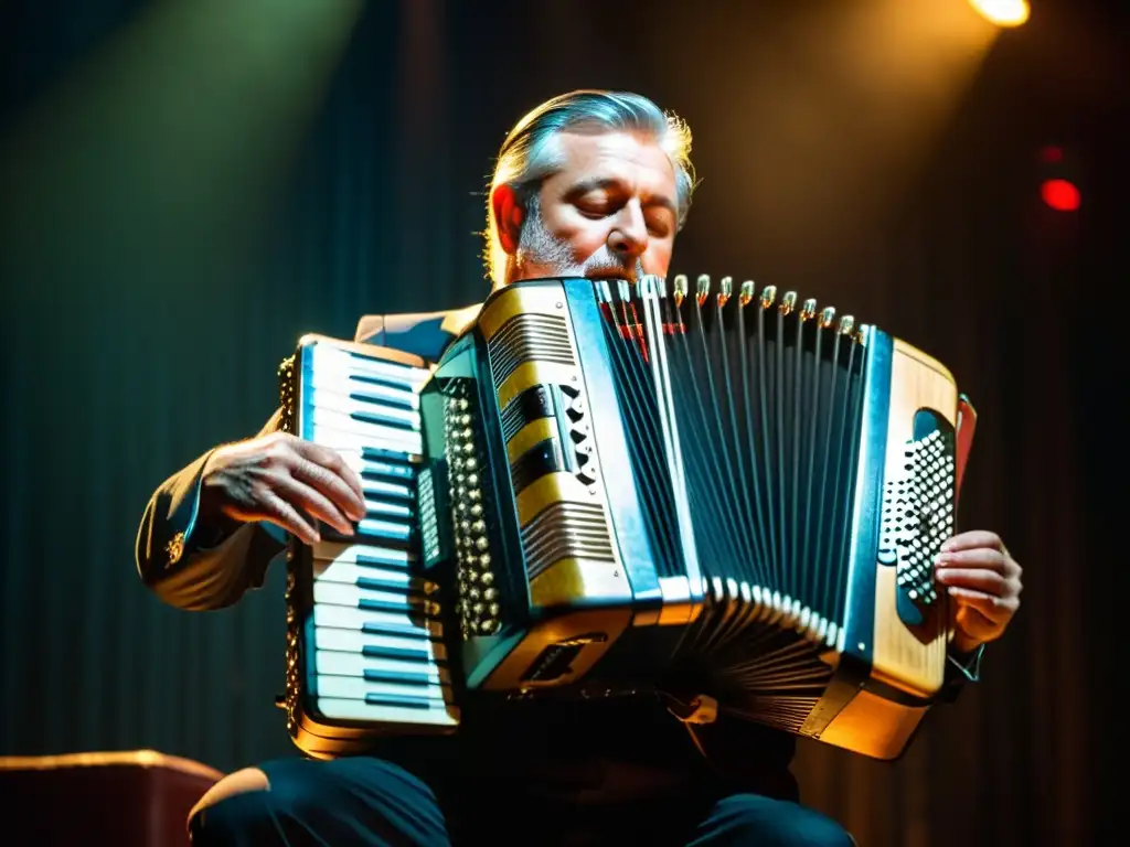 Un músico hábil toca un acordeón diatónico en un escenario tenue, conectando con la rica tradición del instrumento