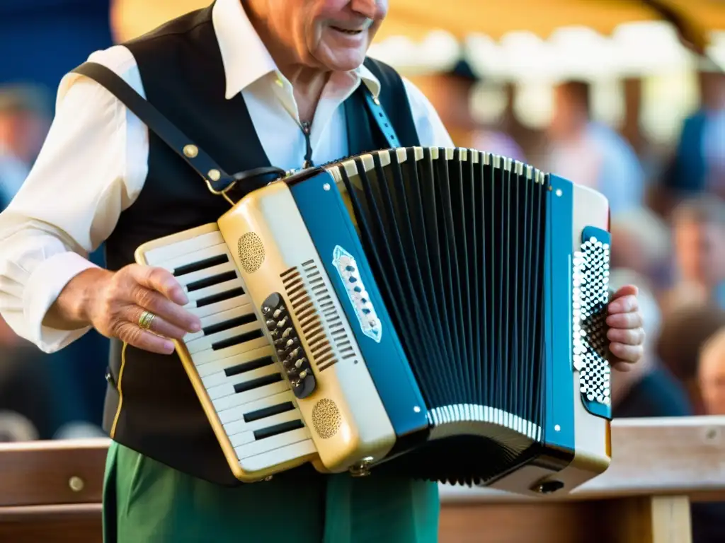 Un músico hábil toca un acordeón diatónico en un festival de música folclórica europea, exudando un resurgimiento del acordeón diatónico