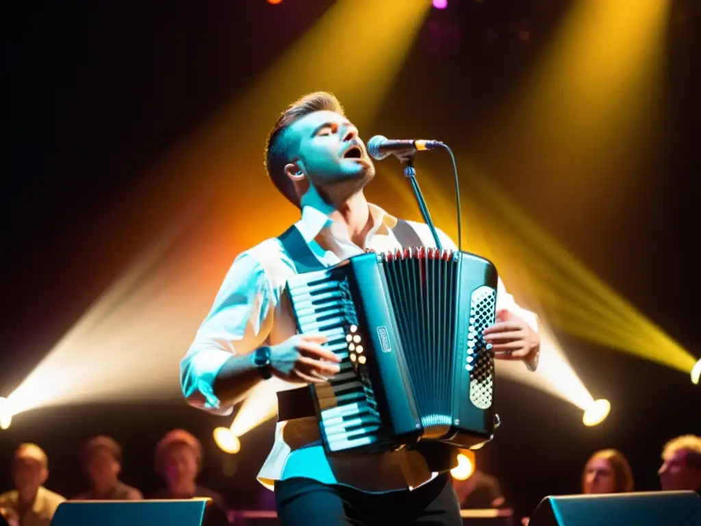 Un músico hábil toca un acordeón digital tradicional en un escenario, cautivando a la audiencia con una actuación dinámica y expresiva