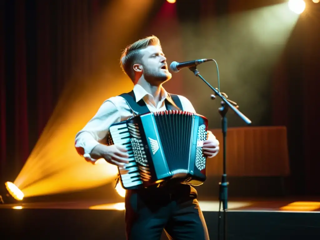 Un músico toca el acordeón en un escenario nórdico, creando una atmósfera de tradición y emoción