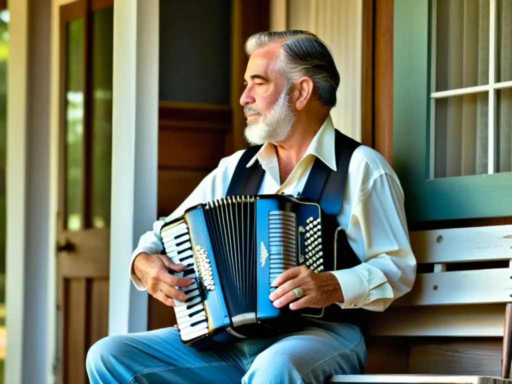 Un músico cajún acaricia su acordeón en un porche en Louisiana, reflejando la importancia cultural del acordeón en Louisiana