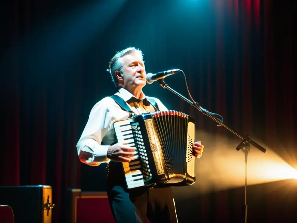 Un músico de acordeón actúa con pasión en un teatro oscuro iluminado por un foco, mostrando la versatilidad de 'Acordeones en cine y teatro'