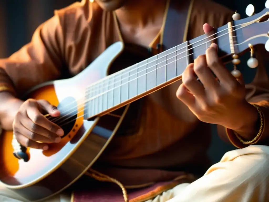 Un músico toca el sitar en una actuación serena, conectando con la música espiritual