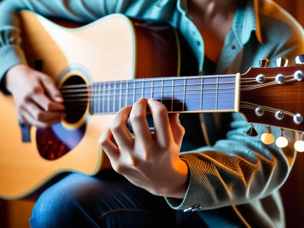 Un músico toca la guitarra acústica, fusionando lo clásico con lo electrónico