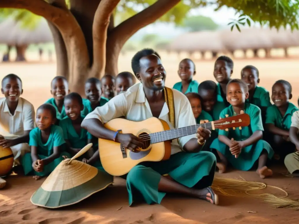 Un músico ugandés toca el adungu bajo un árbol de acacia, cautivando a los niños locales