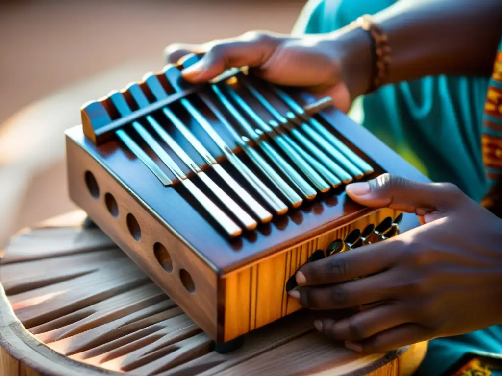 Un músico toca una kalimba africana con maestría, resaltando la artesanía y la conexión cultural