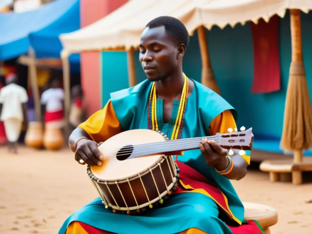 Un músico africano toca la kora en un animado mercado, irradiando autenticidad y riqueza cultural