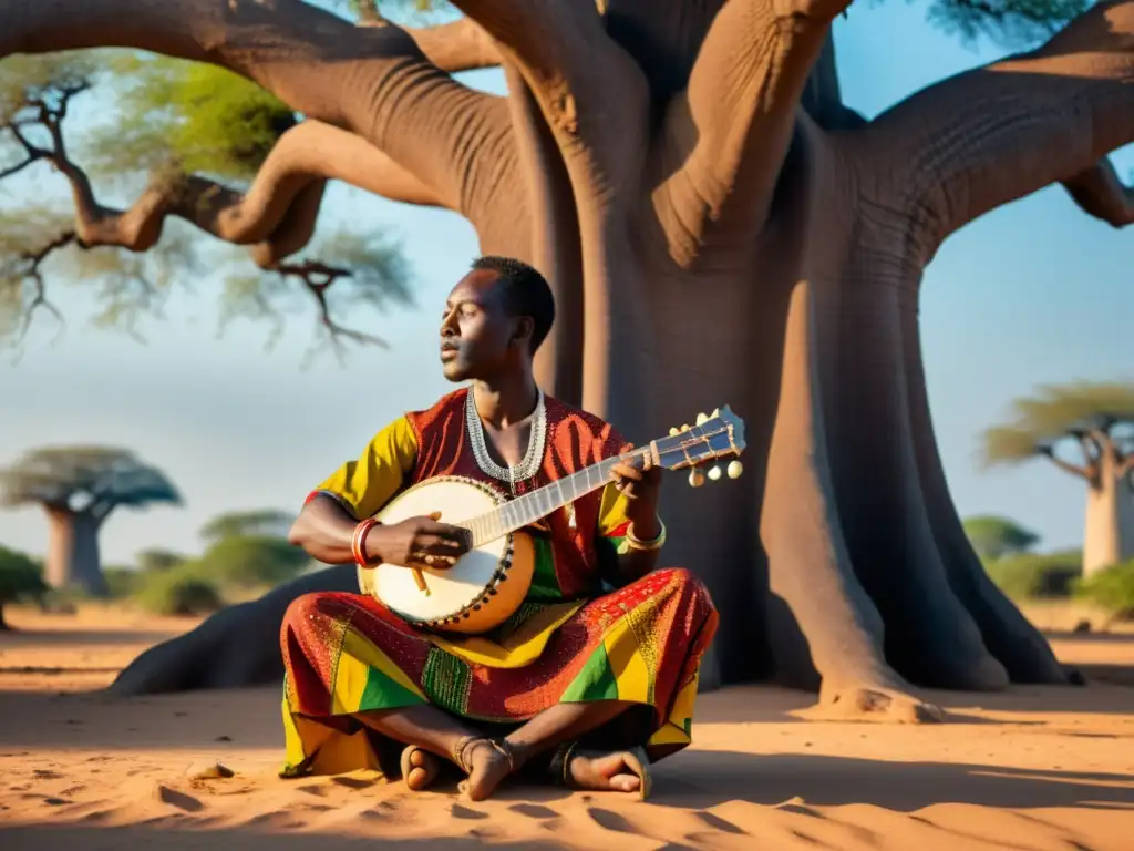 Un músico africano toca la kora bajo un baobab, en un paisaje sereno