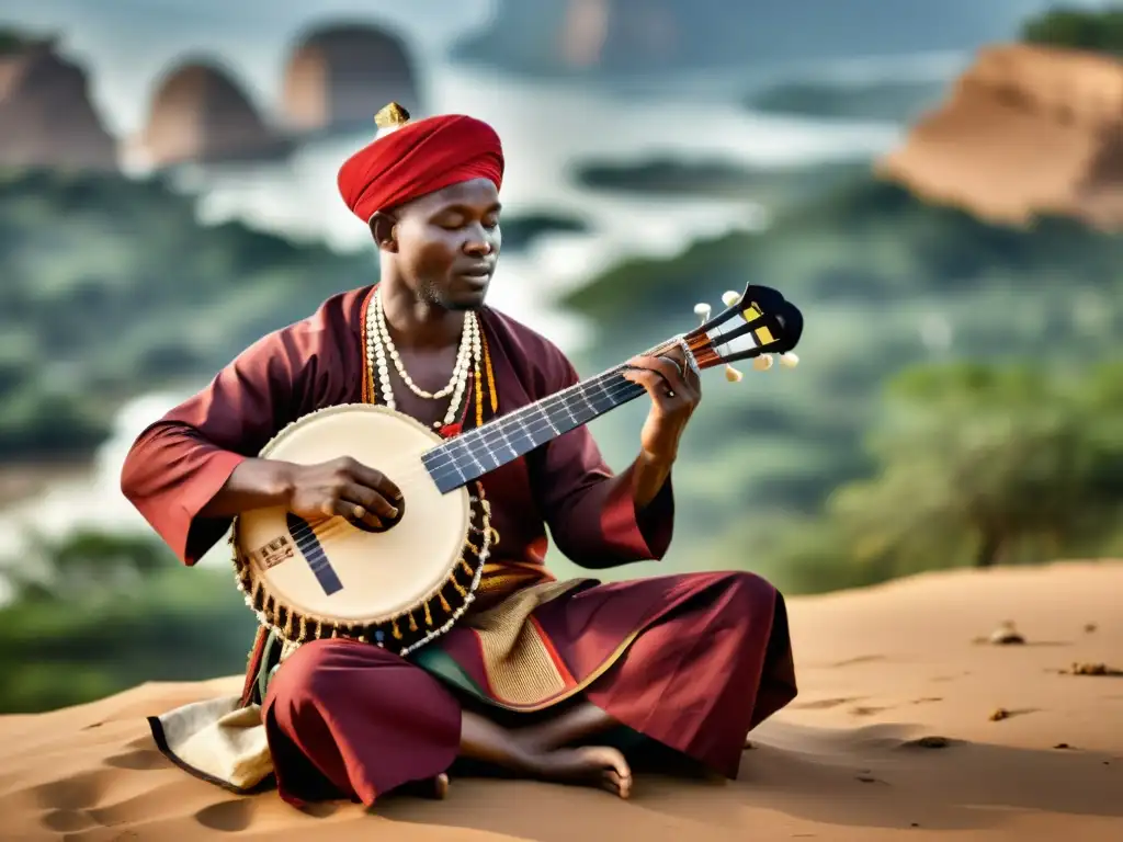 Un músico africano toca con maestría el kora de 21 cuerdas, inmerso en la historia y sonido del kora africano