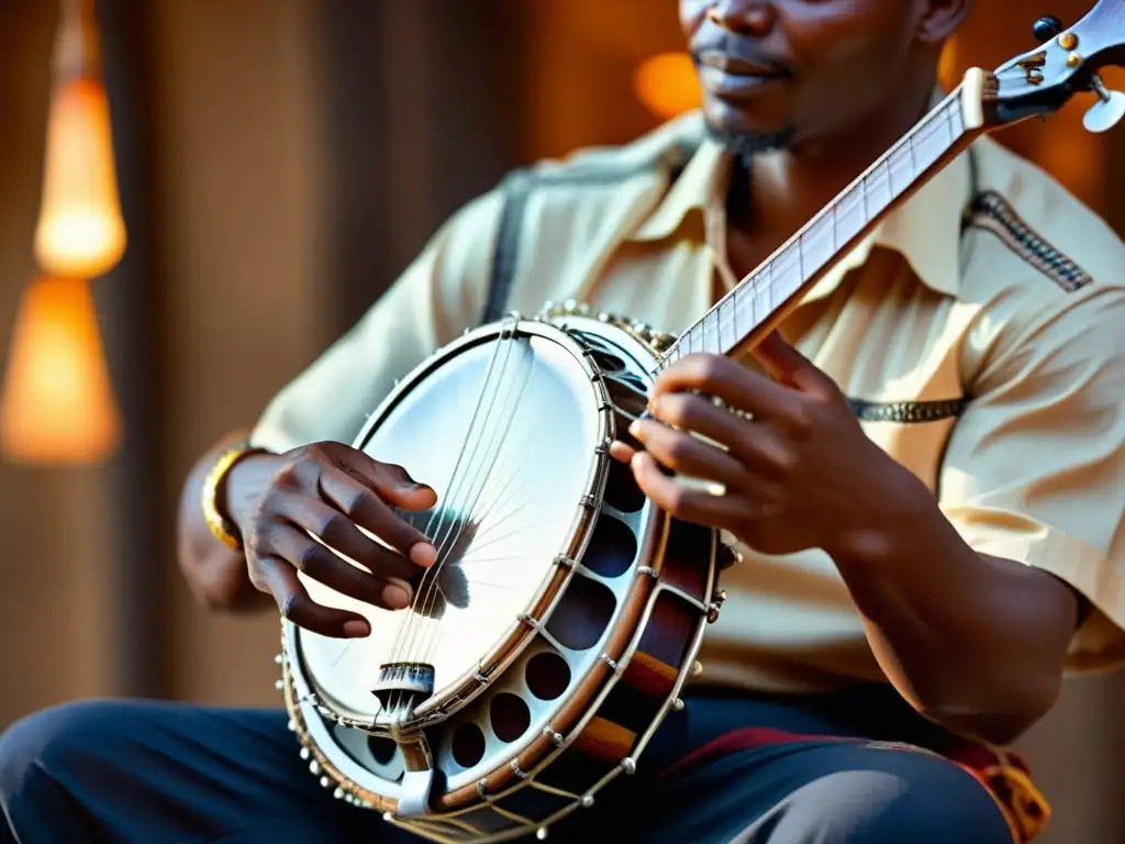 Un músico africano experto toca un instrumento similar al banjo, resaltando la artesanía detallada