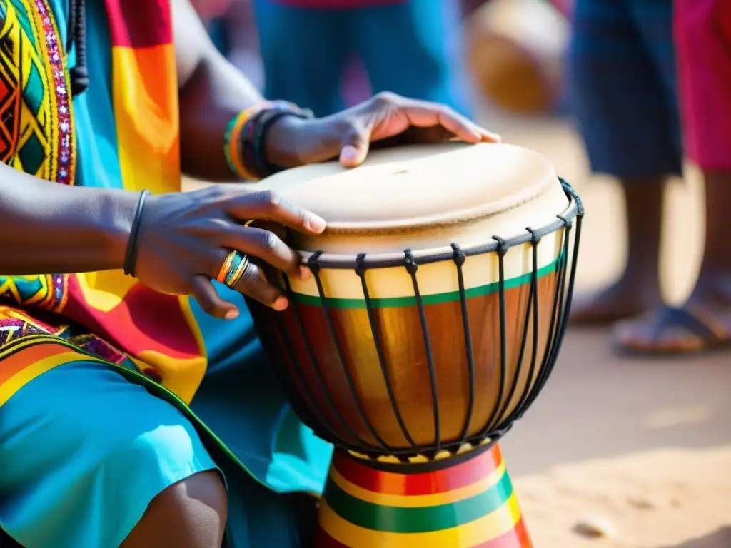 Un músico toca un tambor djembe africano durante un festival cultural, transmitiendo energía y tradición