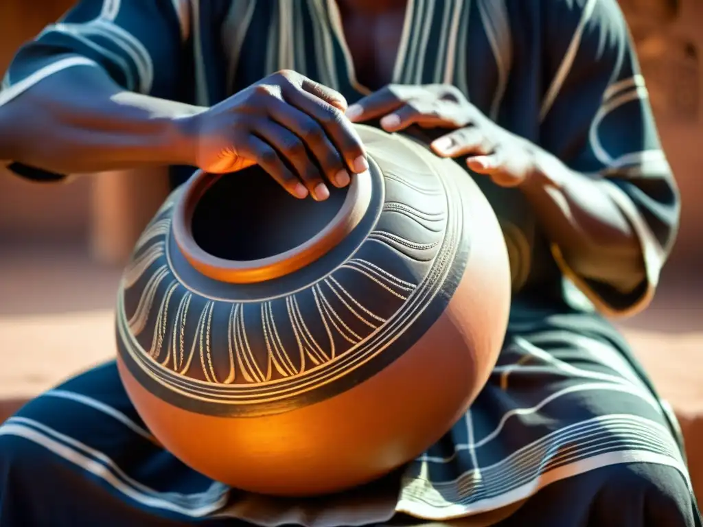 Un músico africano toca un hermoso udu, con patrones y texturas visibles